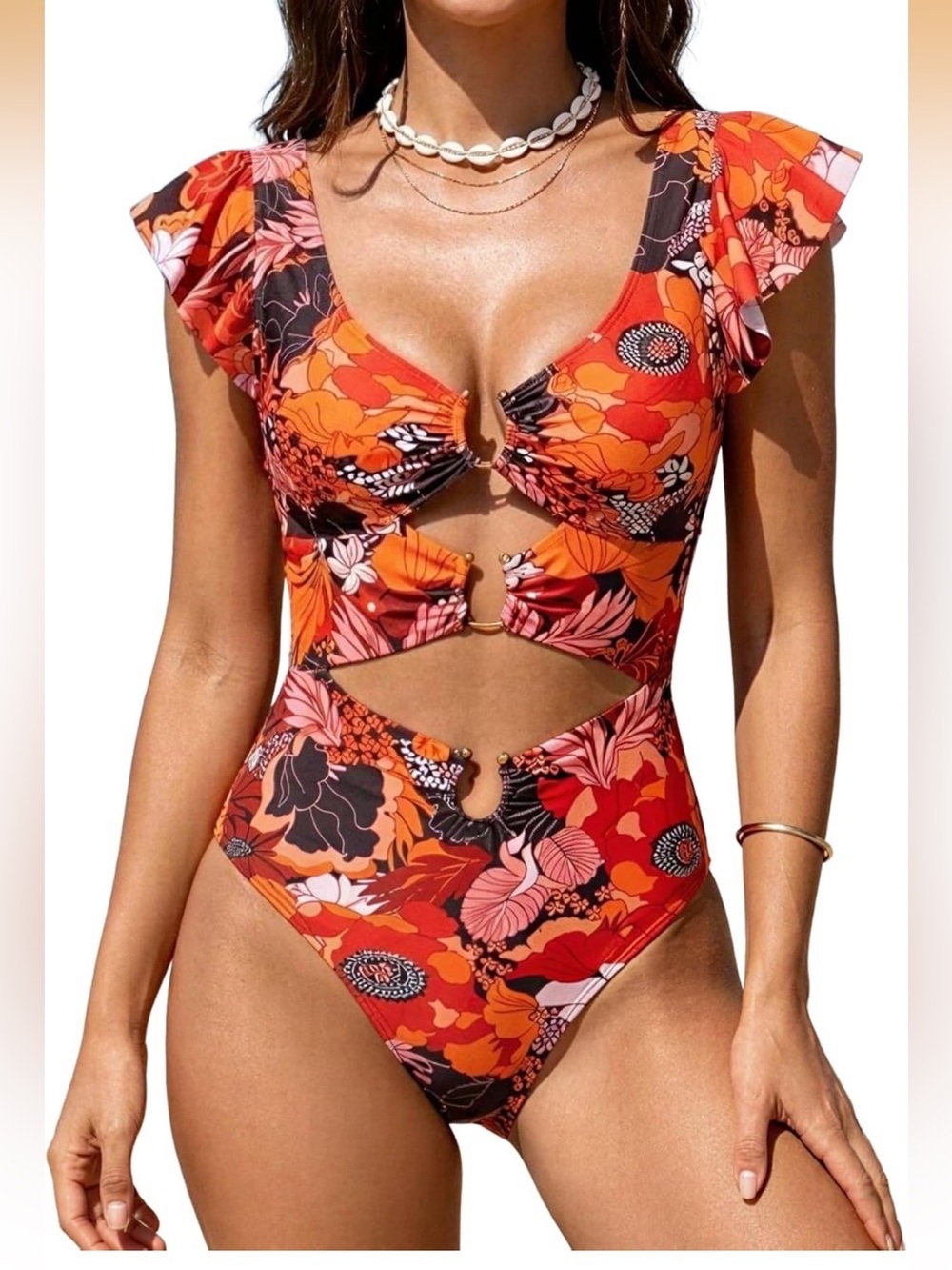 One Piece Swimsuit Tummy Control Ruffle Sleeve V Neck Cutout Sexy High Waisted